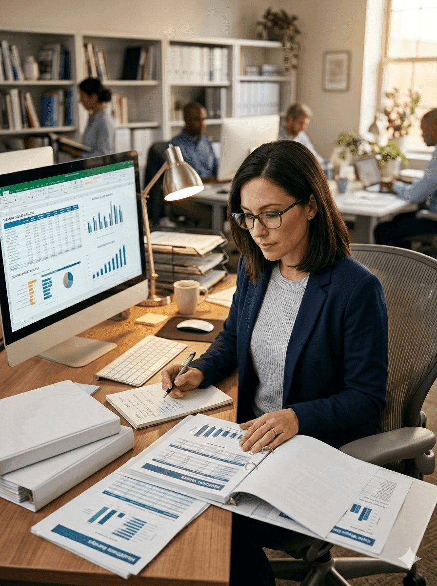 NurseSalaryIntel researcher at a desk reviewing nursing salary data sources including BLS reports and hospital job postings on a computer