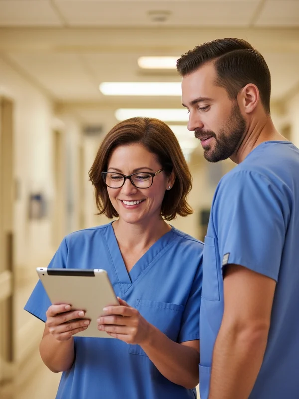 Two registered nurses in a brightly lit New Jersey hospital corridor reviewing patient information on a tablet, collegial and professional, no text, no logos