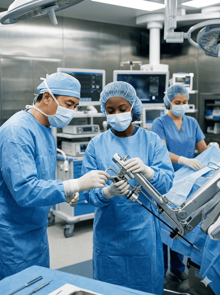 Surgical team including nurses and surgeon in a modern operating room preparing for a robotic-assisted procedure with da Vinci equipment visible