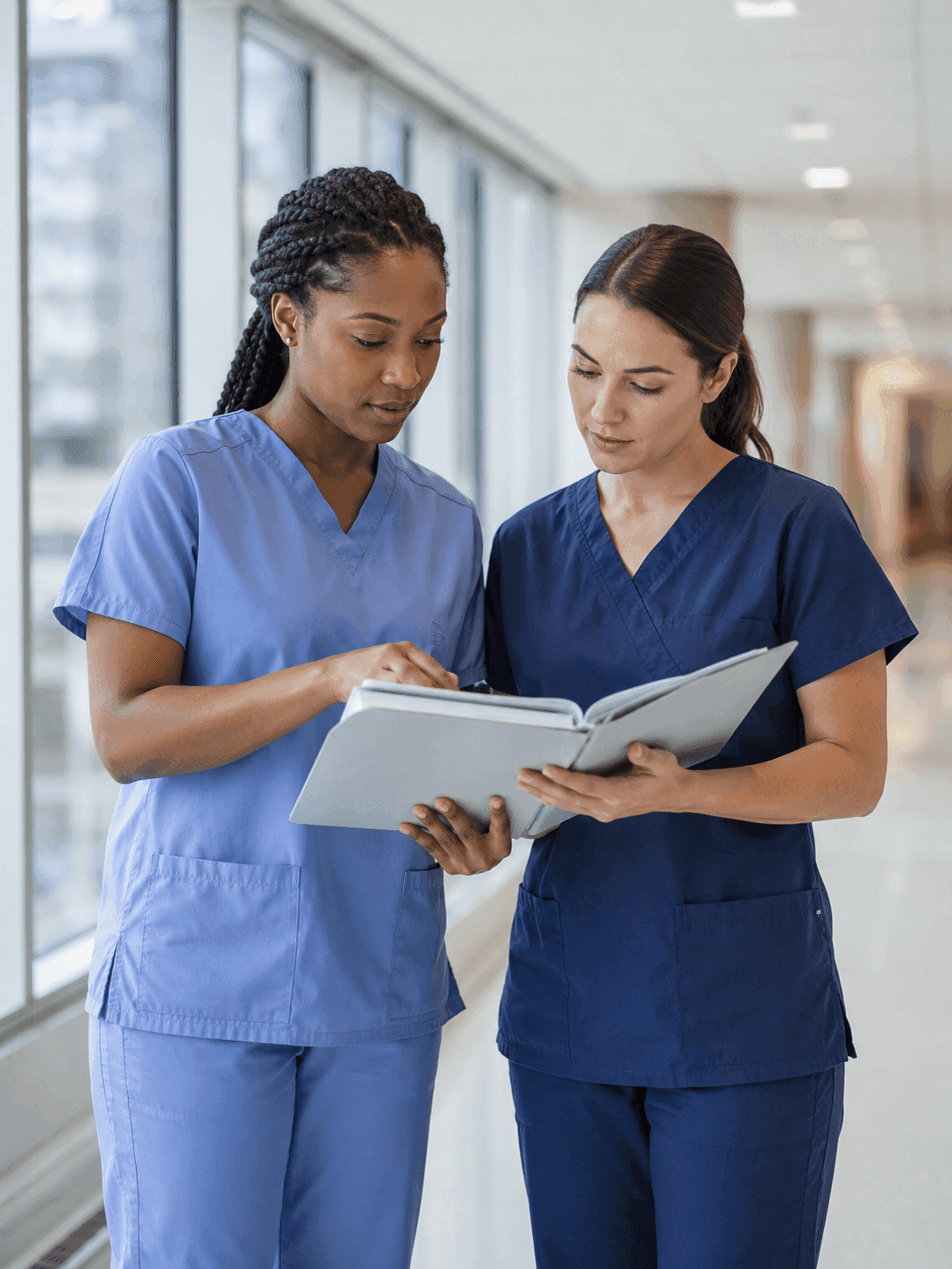 Two nurses in scrubs reviewing a patient chart in a modern Philadelphia hospital hallway with natural light and clean clinical environment