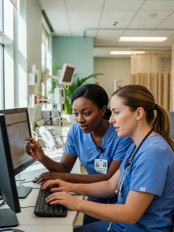 Two nurses in scrubs reviewing patient data on a computer screen in a bright modern Tampa Florida hospital unit