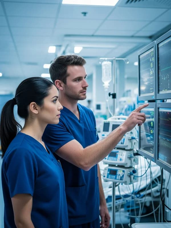 Two nurses in scrubs reviewing patient monitors in a modern ICU at a Washington DC academic medical center