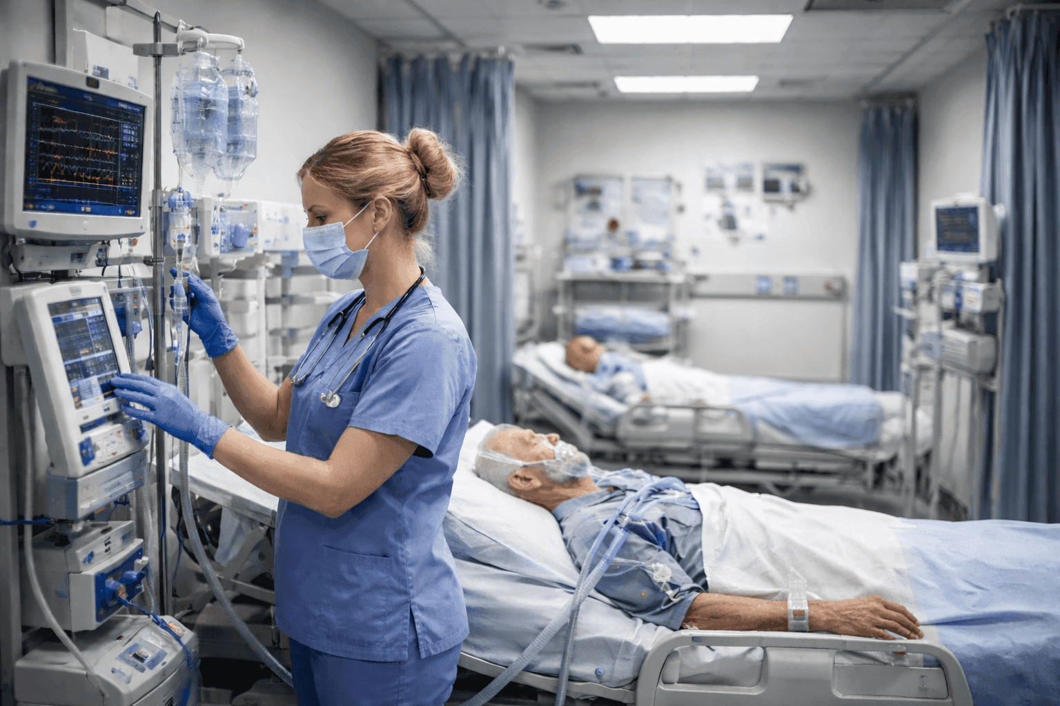 ICU nurse monitoring critical care patient with ventilator and monitors
