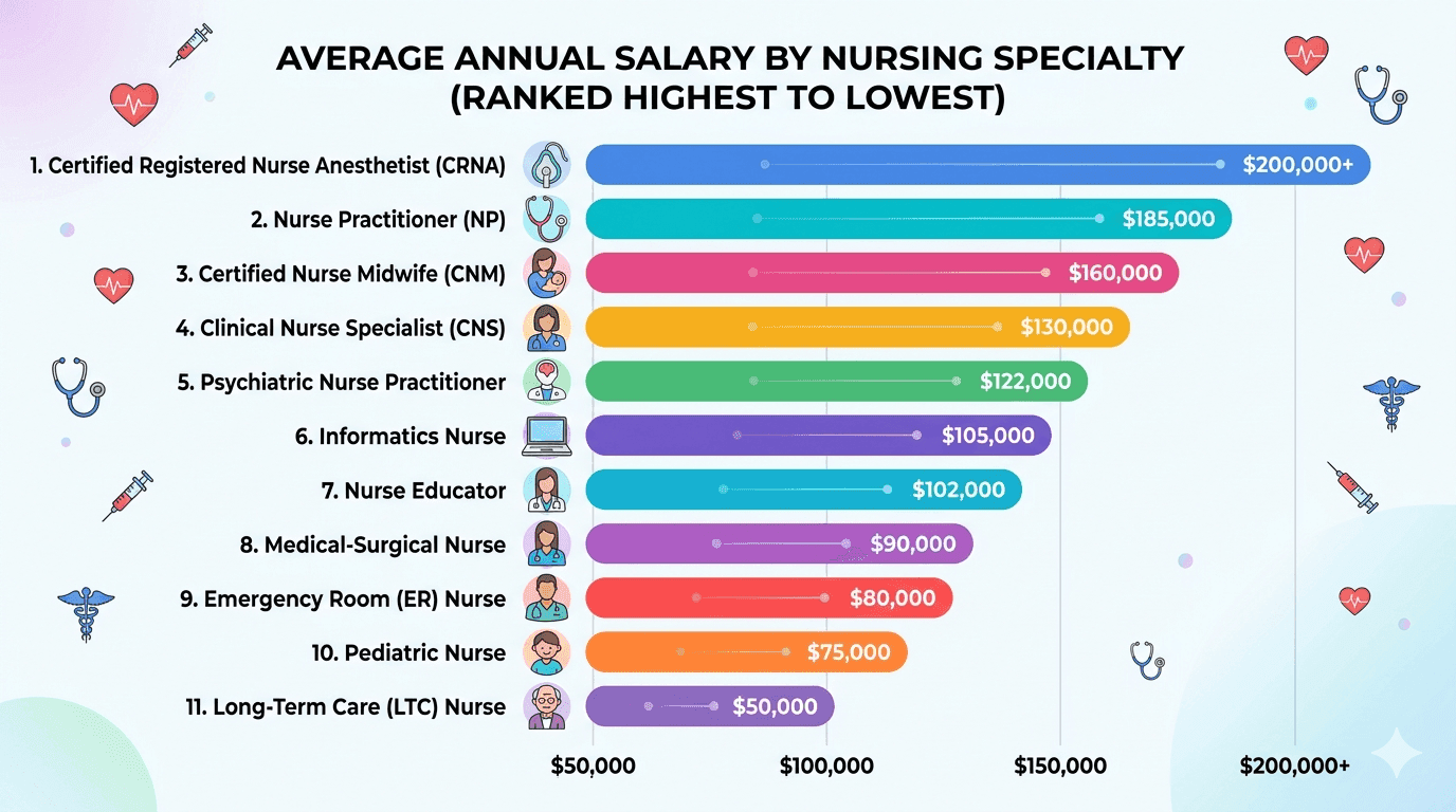 Chart comparing nursing specialty salaries from CRNA at top to LTC at bottom with 2026 data