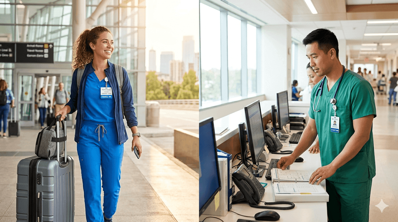 Travel nurse vs staff nurse salary comparison with stethoscope and paycheck