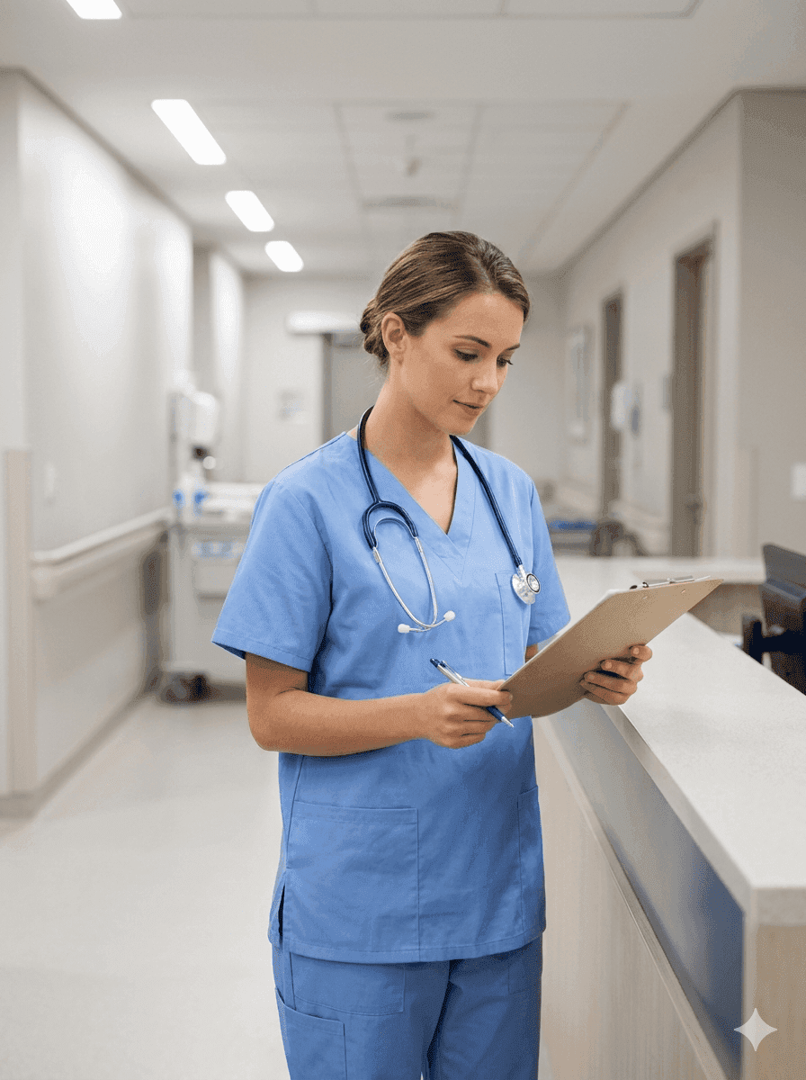 Registered nurse in scrubs reviewing patient charts in a modern Atlanta Georgia hospital corridor, professional clinical environment