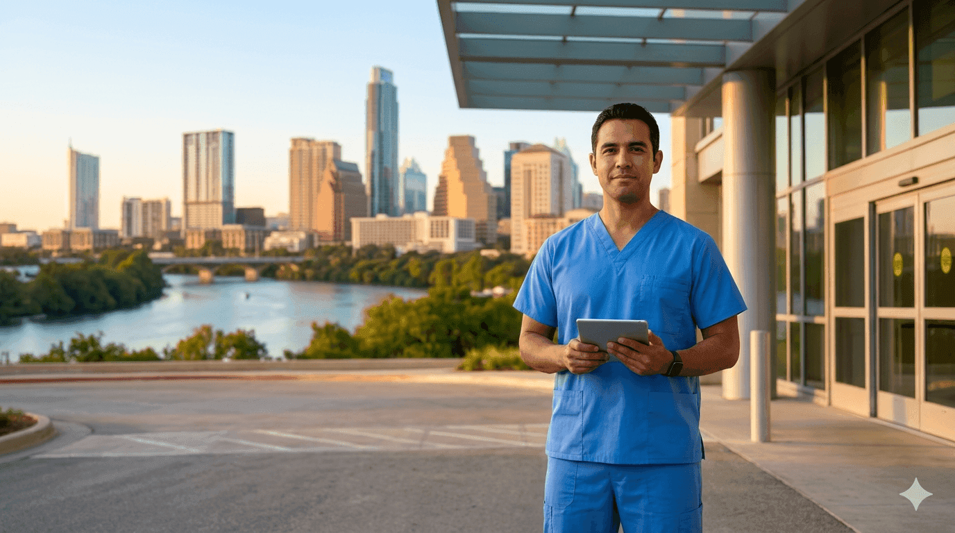 Austin registered nurse outside Dell Seton Medical Center illustrating 2026 RN salary guide