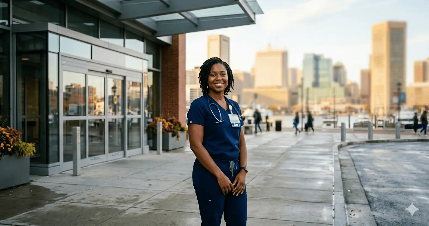 Registered nurse in navy scrubs standing outside a modern Baltimore Maryland hospital with the Inner Harbor in the background