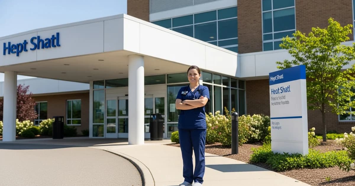 Registered nurse in navy scrubs standing confidently outside the entrance of a modern Delaware hospital on a clear day