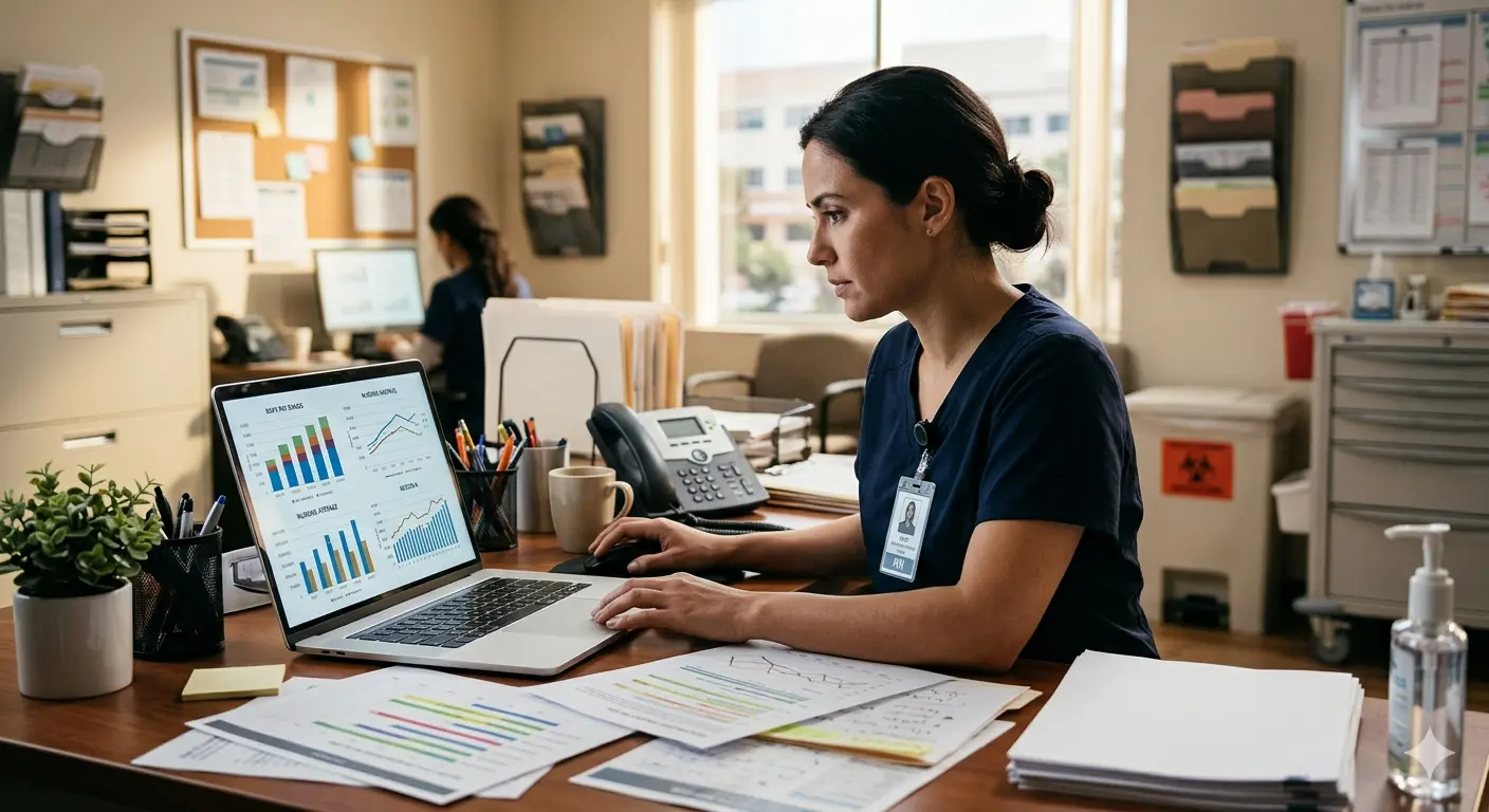 BSN nurse in white coat reviewing a career development plan at a hospital desk — professional setting with natural light and confident expression
