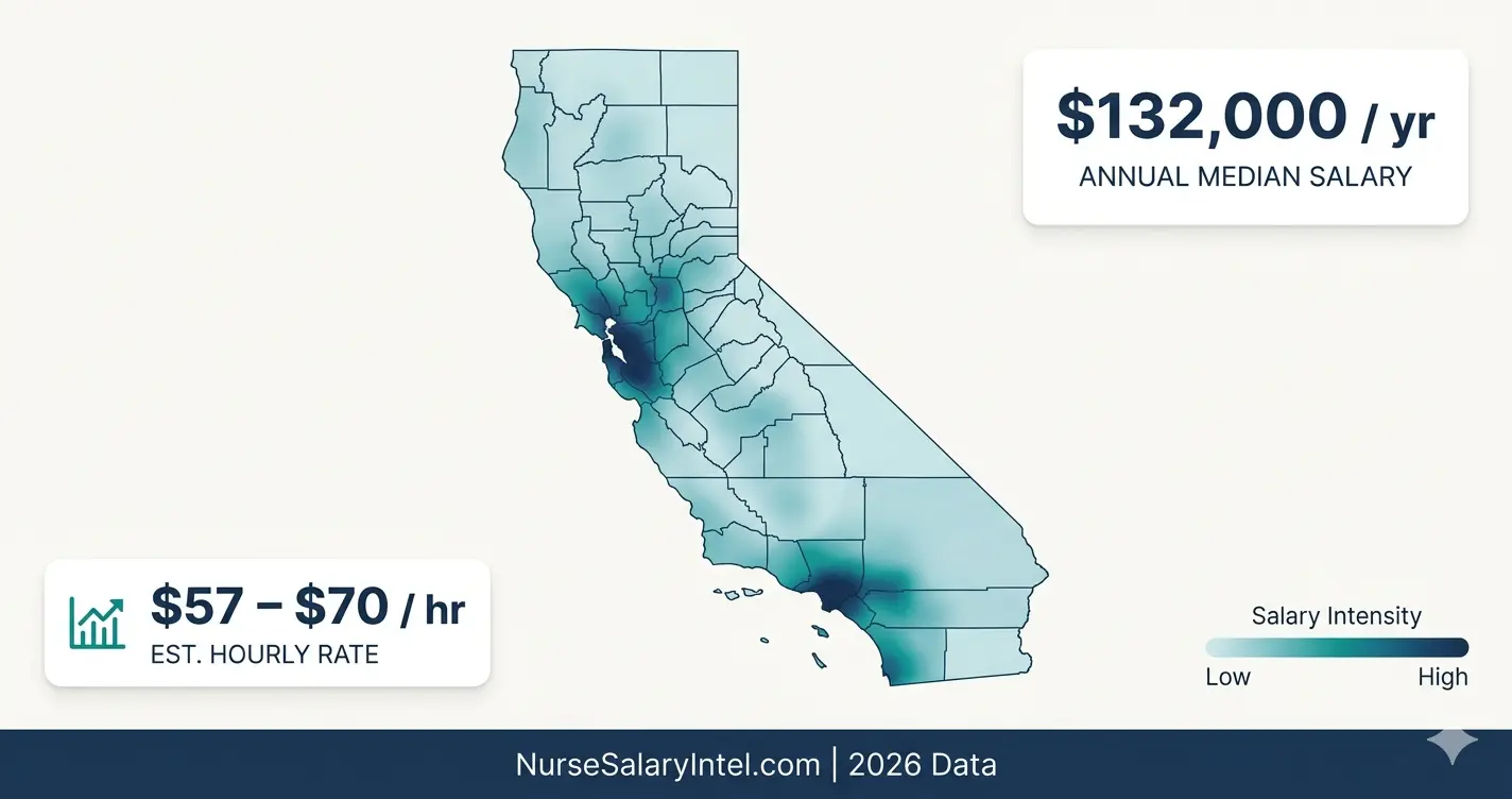 California RN salary 2026 map showing regional pay differences across Bay Area, LA, and San Diego