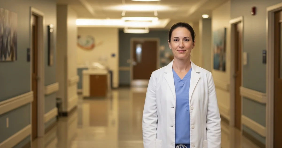 Certified nurse midwife in scrubs consulting with a pregnant patient in a warm clinical setting