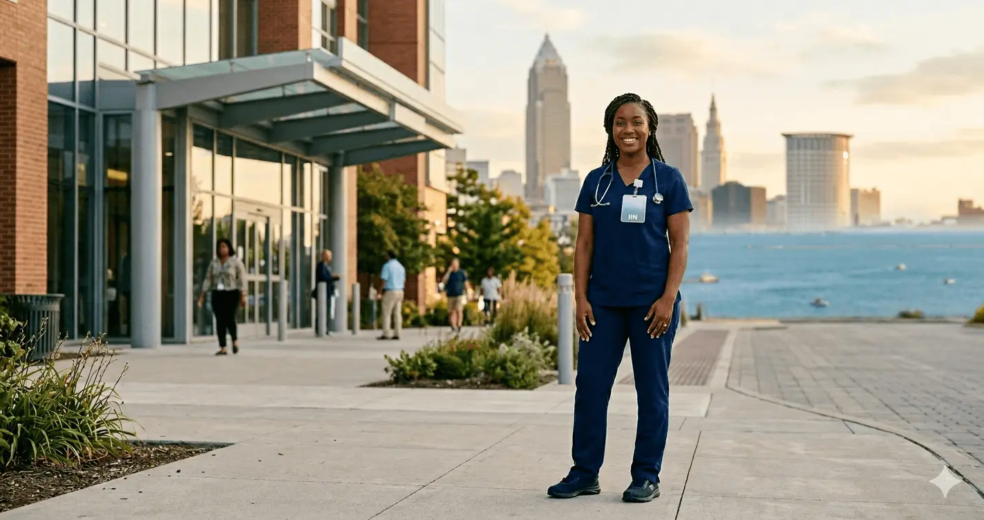 Registered nurse in navy scrubs standing outside a modern Cleveland Ohio hospital near Lake Erie