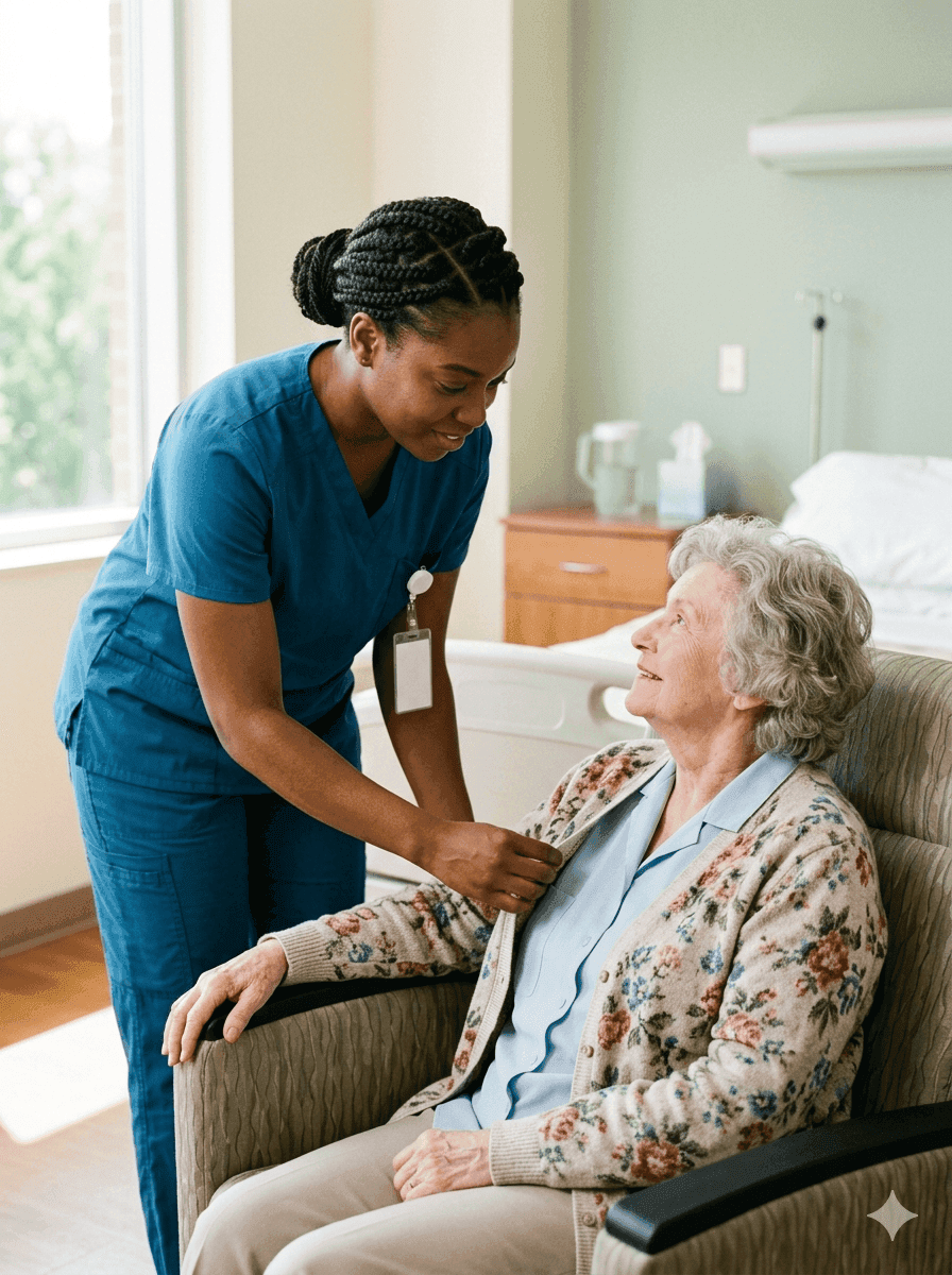 Certified nursing assistant in scrubs providing compassionate bedside care to a patient in a hospital room, patient-centered care