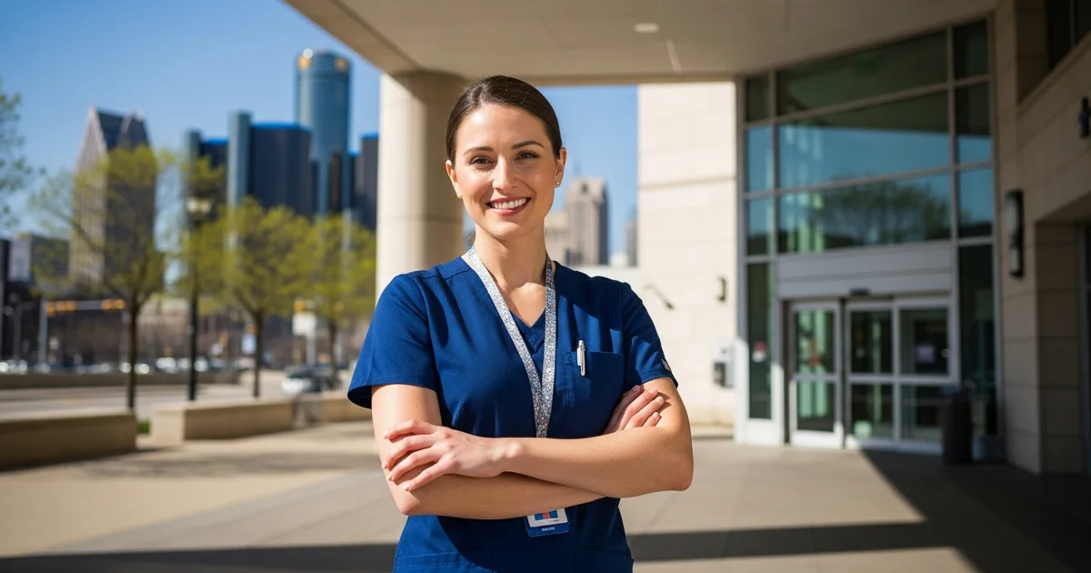 Registered nurse in scrubs standing outside a modern Detroit Michigan hospital — professional and confident with urban skyline in the soft background