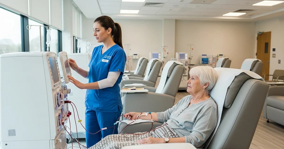 Dialysis nurse in scrubs monitoring a patient during hemodialysis treatment in a bright outpatient dialysis center with modern equipment