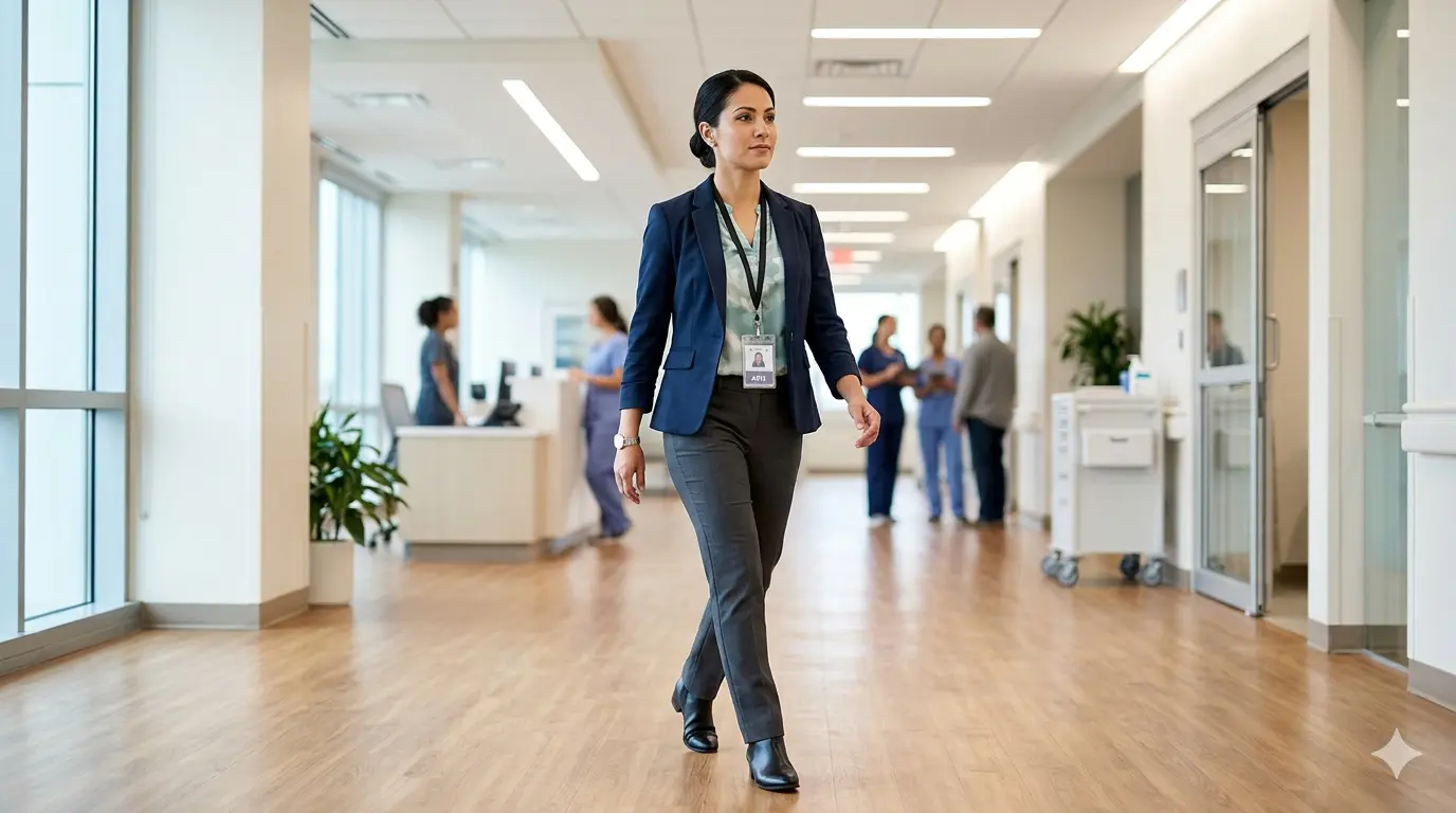 Doctor of nursing practice in white coat reviewing clinical notes at a hospital workstation