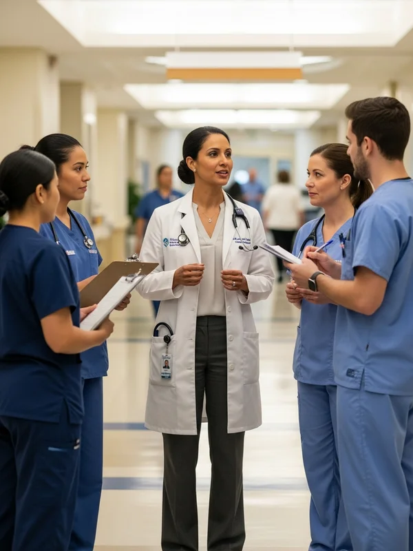 Doctor of nursing practice in professional attire leading a team meeting in a hospital conference room, collaborative academic clinical setting