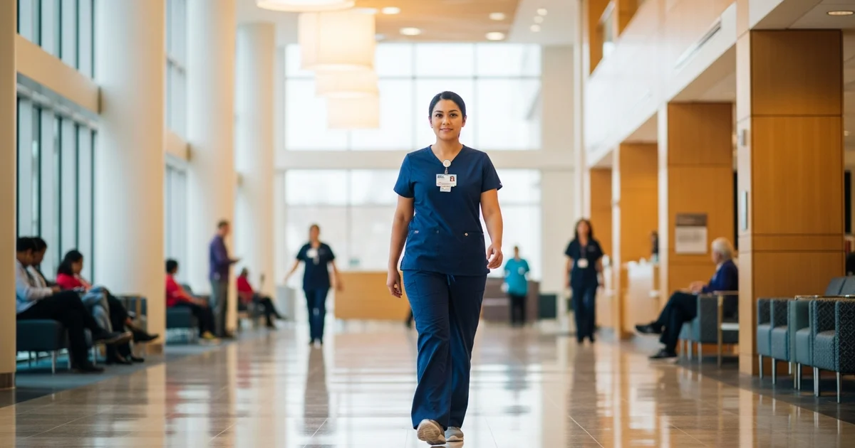 Registered nurse reviewing documentation at a hospital nursing station, HCA hospital setting, professional, no logos