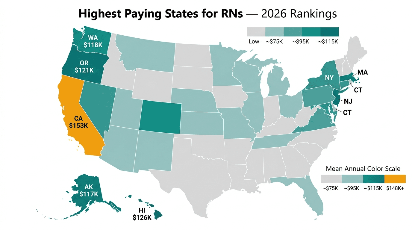 US map of highest paying states for registered nurses 2026