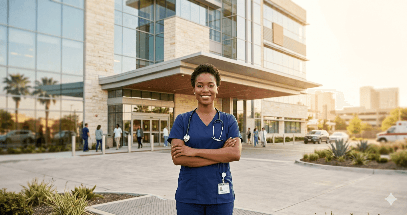 Confident registered nurse in navy scrubs standing outside a modern Houston Texas hospital entrance with warm Texas sunlight