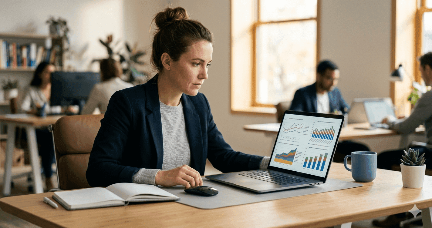 Researcher reviewing BLS salary data and nursing compensation charts at a desk