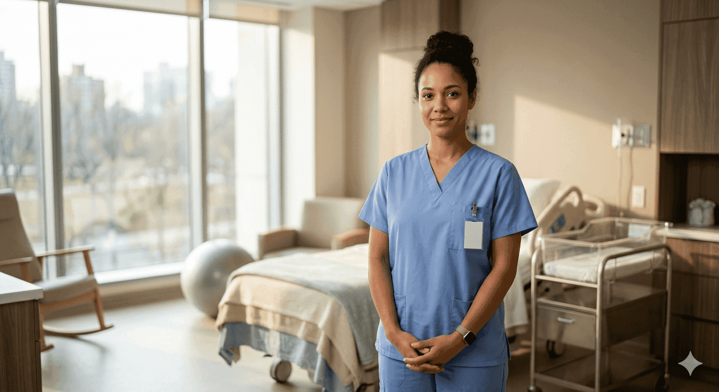 Labor and delivery nurse in light blue scrubs standing in a bright, modern hospital birth center