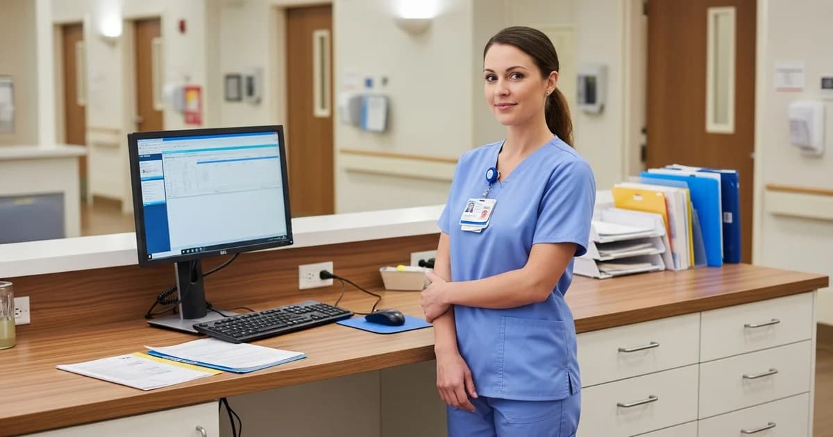 Licensed vocational nurse in navy scrubs reviewing a patient chart in a bright clinic hallway, professional, no logos