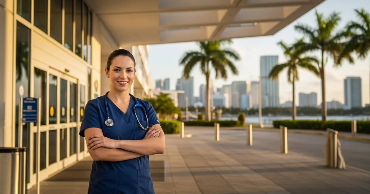 Registered nurse in navy blue scrubs standing outside a modern Miami hospital entrance with the South Florida skyline softly blurred in the background