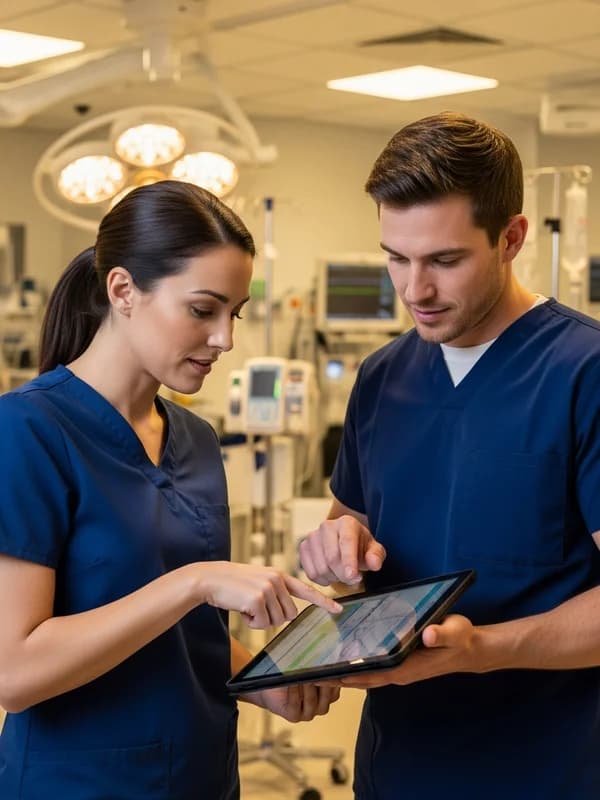 Two nurses in scrubs reviewing patient monitors together in a softly lit ICU room at a modern Miami hospital, professional and focused clinical setting
