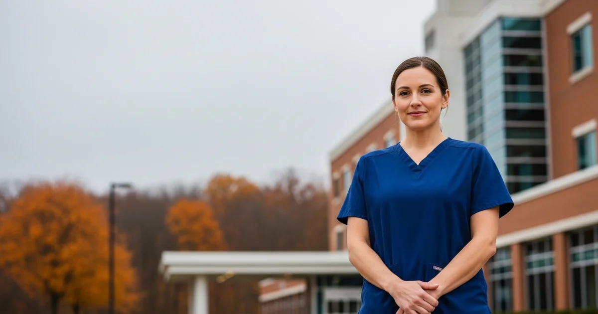 Registered nurse outside a Michigan hospital, professional posture, Great Lakes sky, no text, no logos