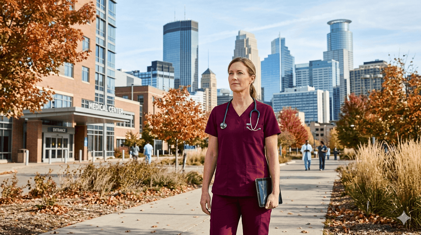 Minneapolis nurse outside M Health Fairview hospital
