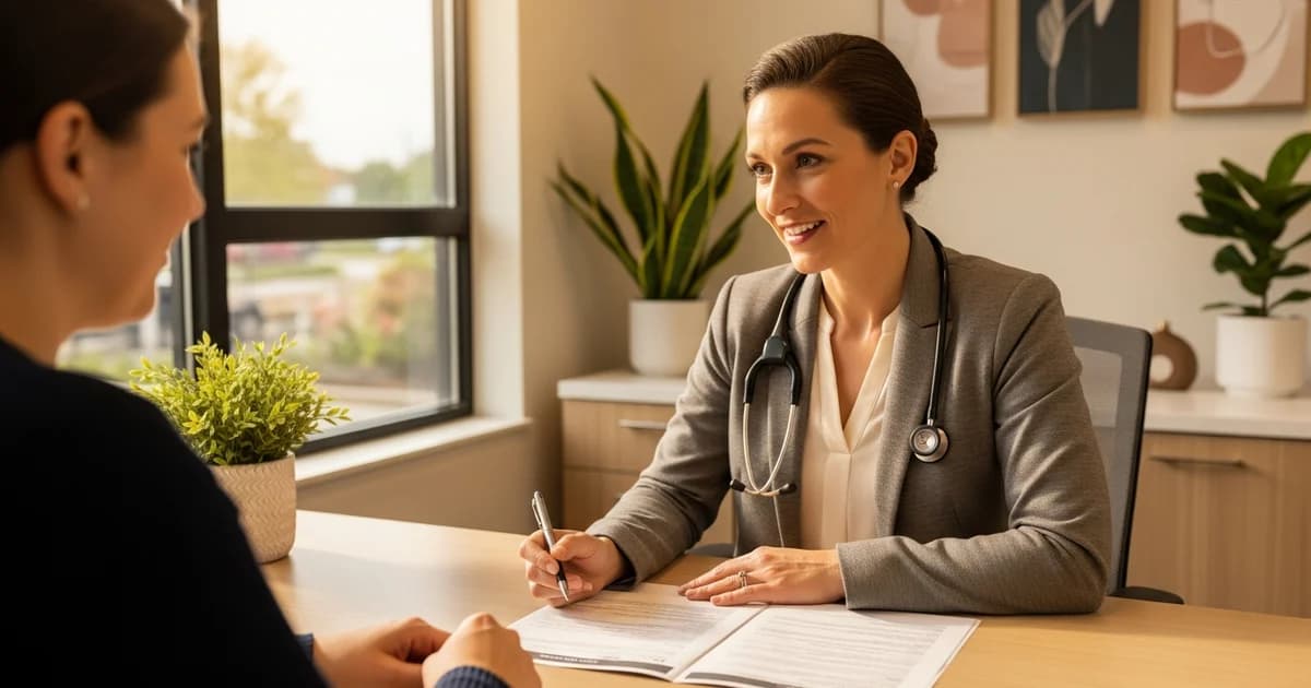 Advanced practice nurse in professional attire reviewing patient chart in a modern clinical office representing the MSN-level nursing career path