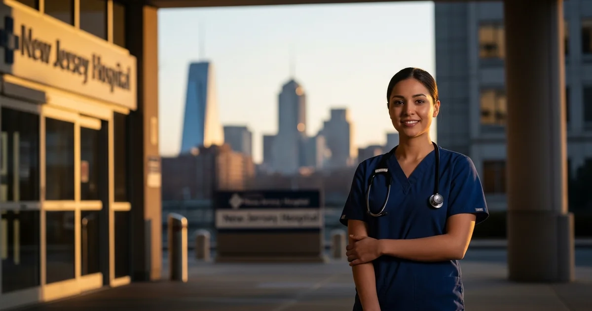 Registered nurse in navy scrubs standing outside a New Jersey hospital, urban skyline background, golden hour light, no logos