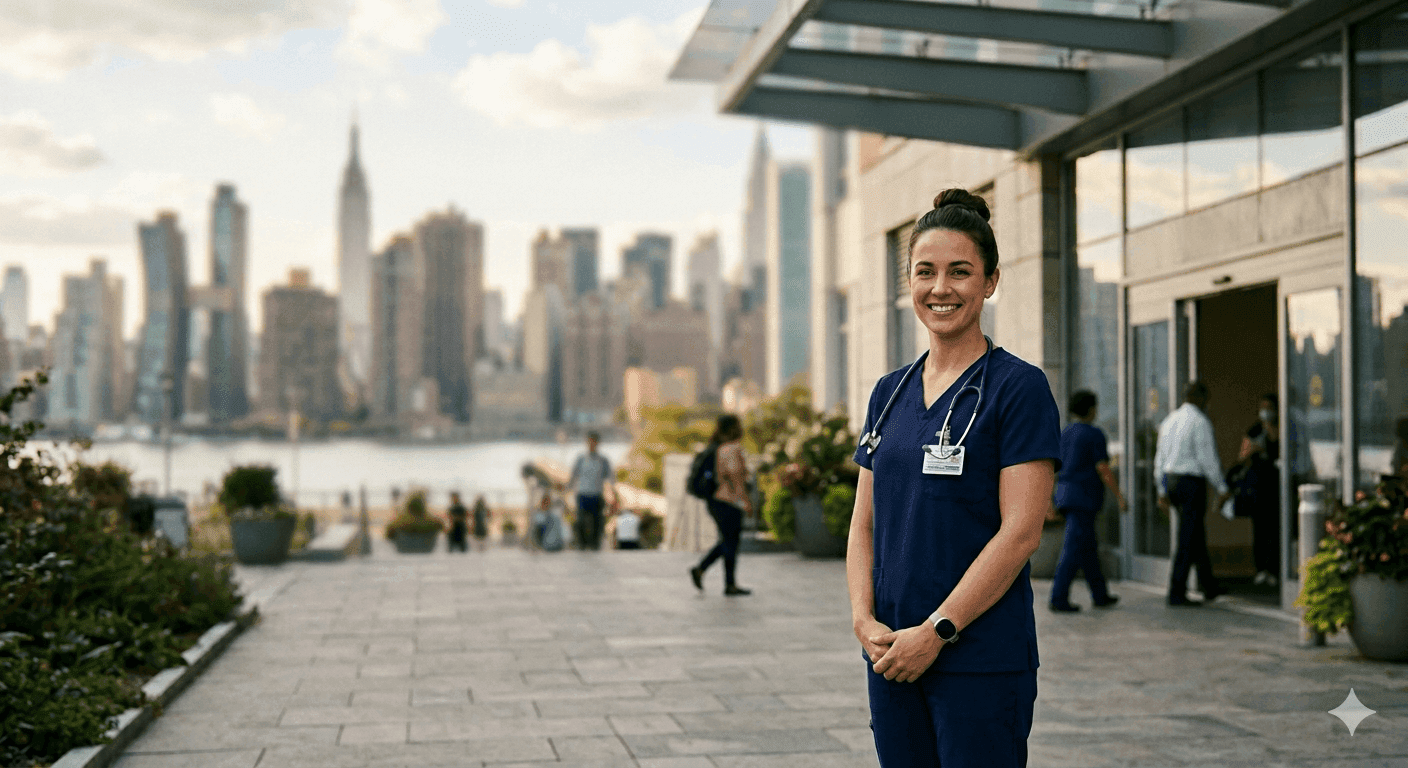 Registered nurse in navy scrubs standing outside a New York City hospital with the Manhattan skyline in the background