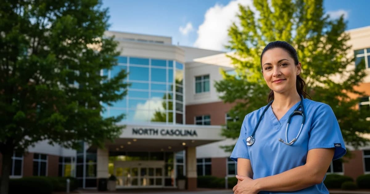 Registered nurse in scrubs standing confidently outside a large North Carolina hospital with trees and blue sky in the background