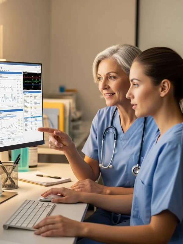 Senior nurse in scrubs mentoring a younger nurse at a hospital workstation, reviewing patient data together in a clinical setting