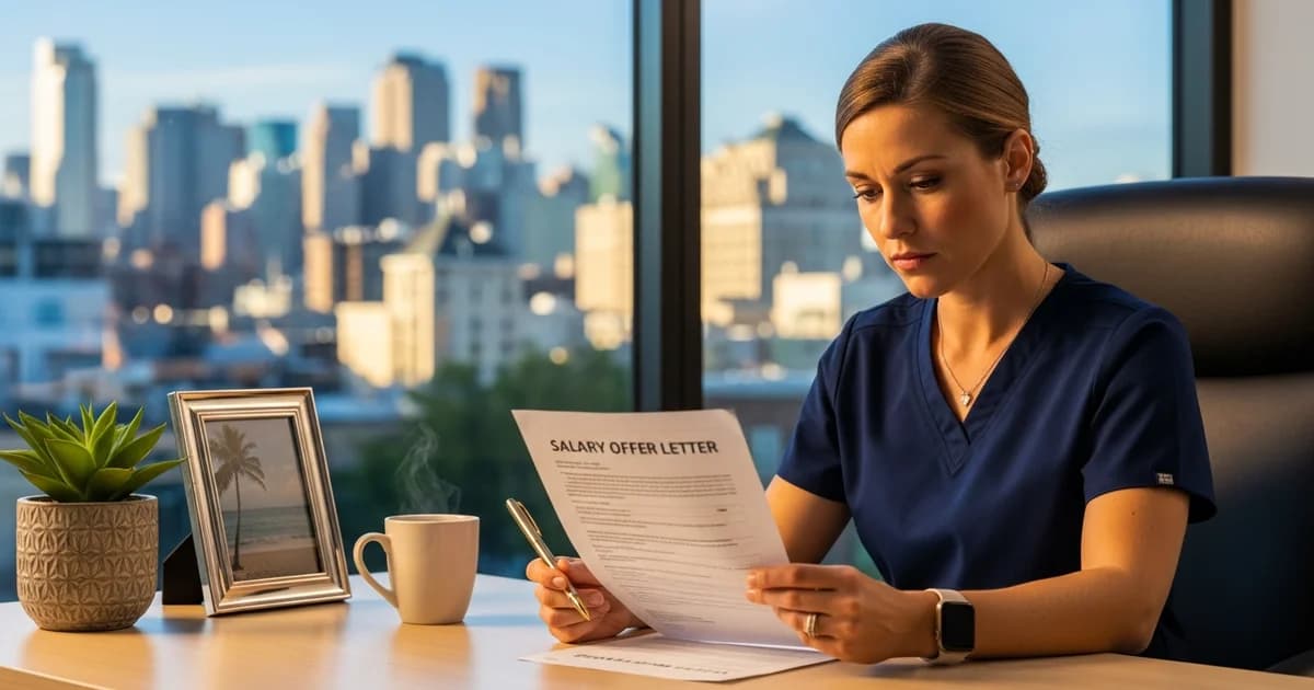 Registered nurse in navy scrubs reviewing a salary offer letter at a desk with a city skyline visible through the window