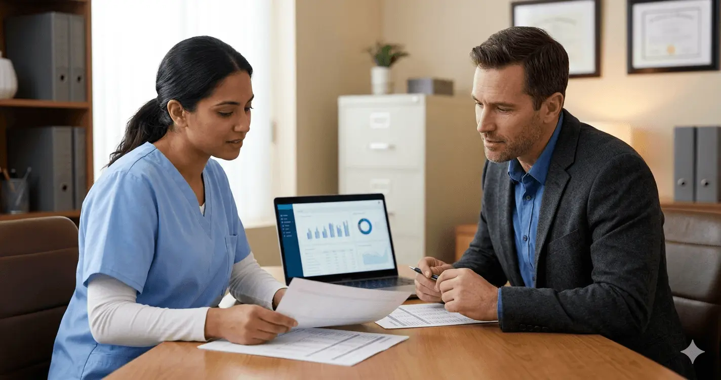Nurse in scrubs reviewing salary data documents across a desk from a hospital HR manager