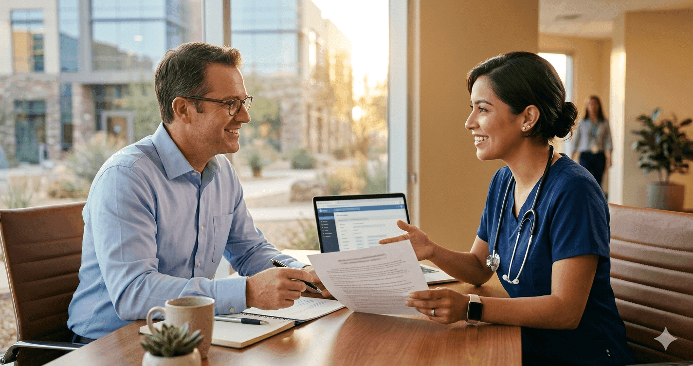 Nurse reviewing a job offer with a hospital recruiter in a professional office setting
