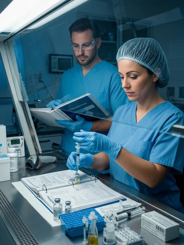 Two oncology nurses in scrubs preparing chemotherapy medication in a modern cancer center pharmacy prep room