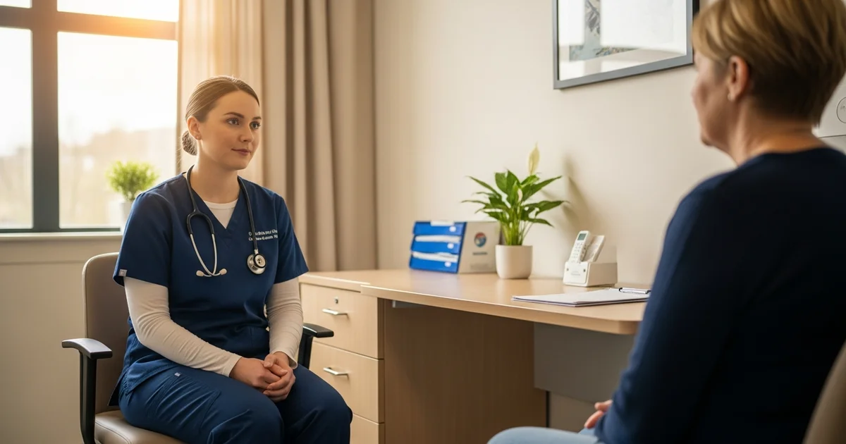Psychiatric nurse in navy scrubs sitting with a patient in a calm well-lit mental health unit — professional clinical setting
