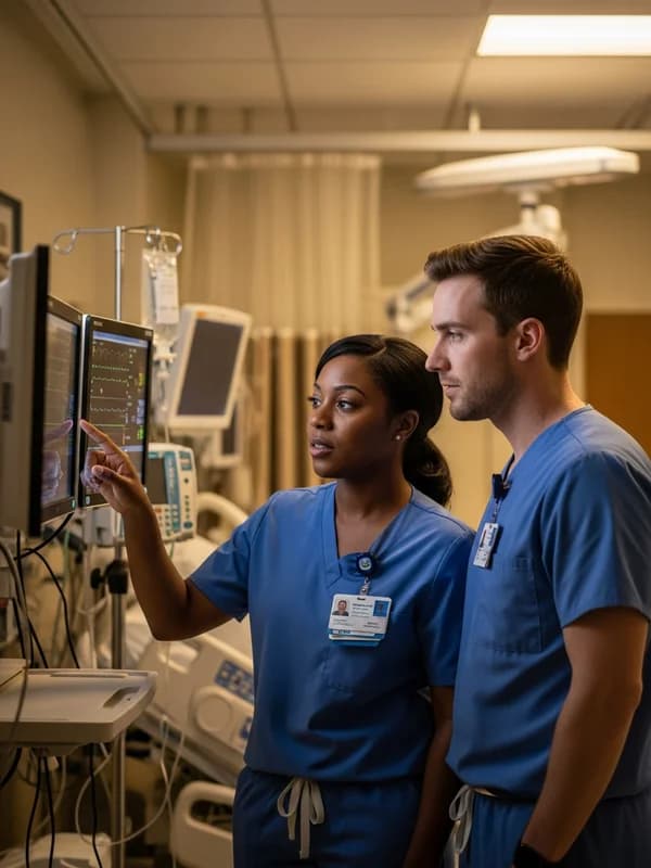 Two nurses in scrubs reviewing patient monitors in a softly lit ICU room at a Raleigh Research Triangle hospital, professional clinical setting
