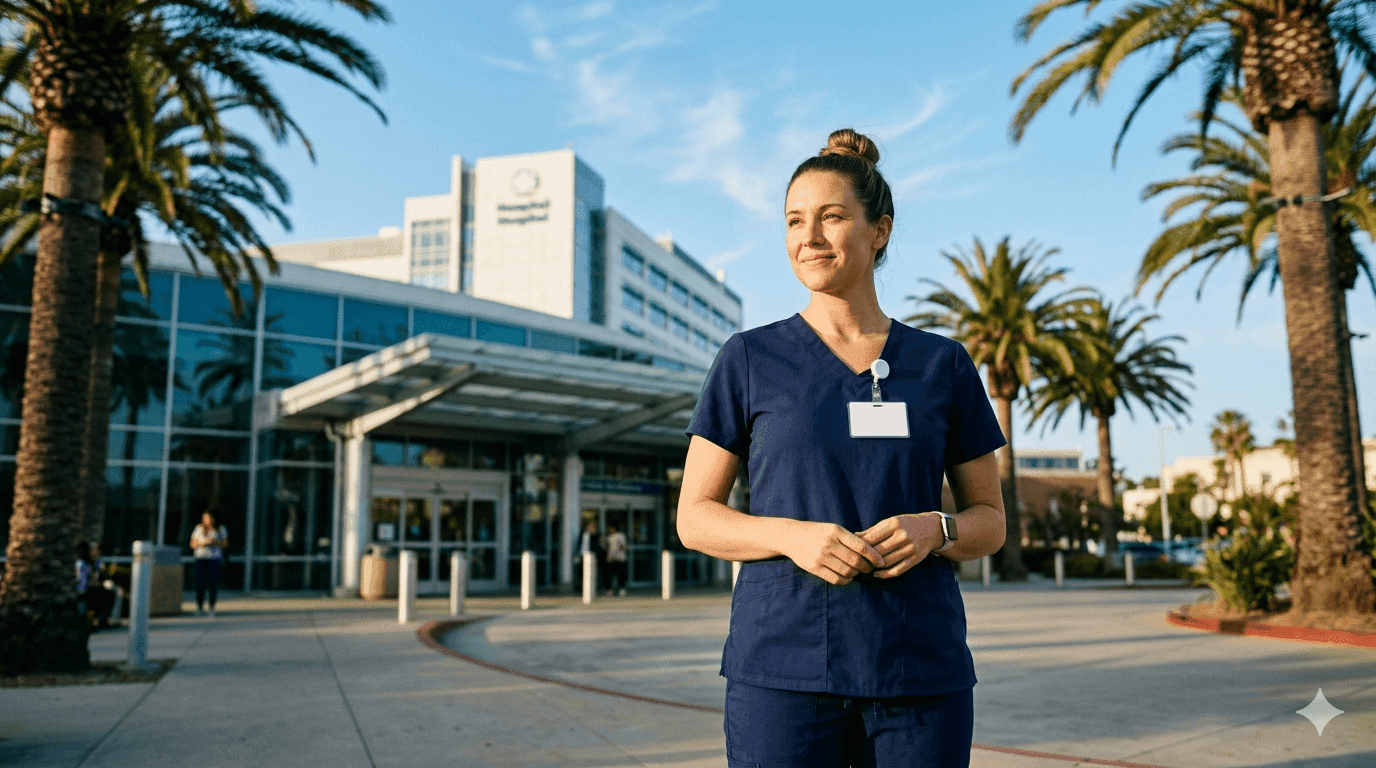 Registered nurse in navy scrubs standing outside a modern San Diego hospital entrance with palm trees and blue sky