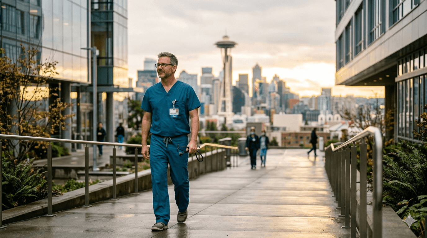 Registered nurse in navy scrubs standing outside a modern Seattle Washington hospital