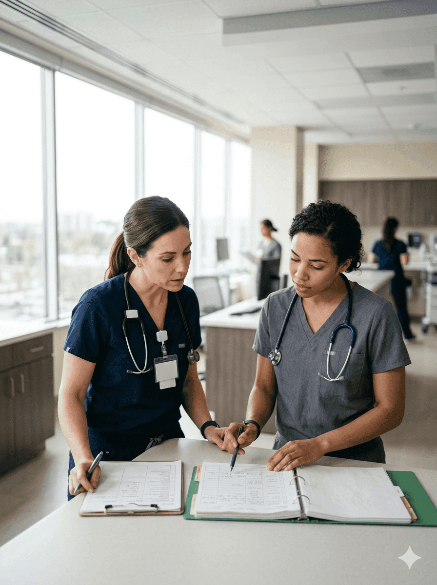 Two registered nurses in scrubs collaborating over a patient chart in a bright modern Seattle hospital unit