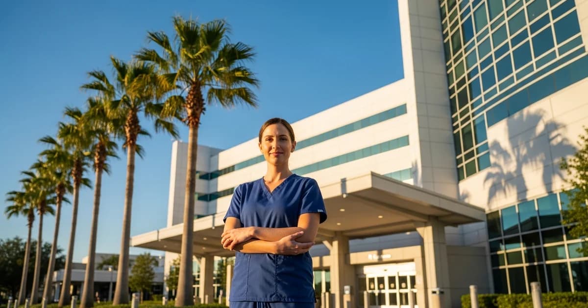 Registered nurse in navy scrubs standing outside a modern Tampa Florida hospital with palm trees and a clear sky in the background