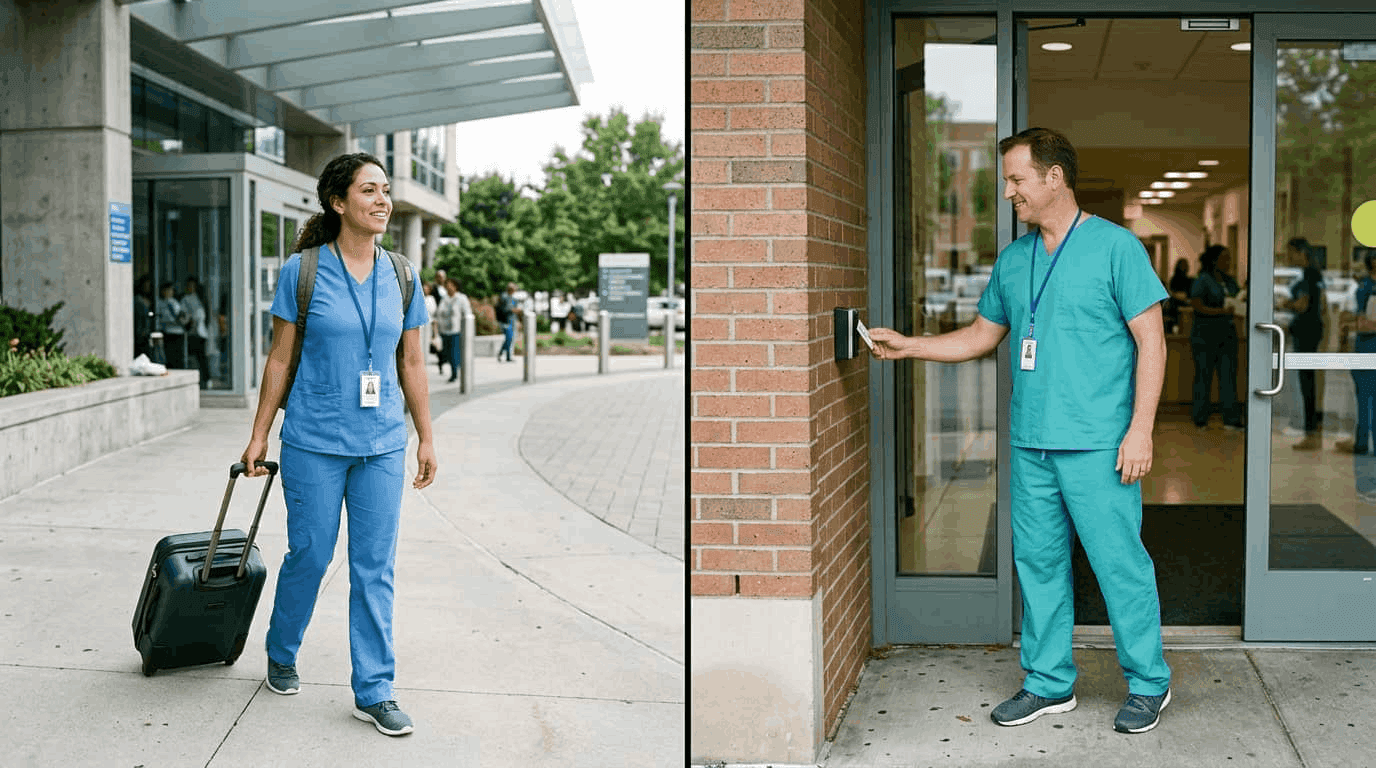 Travel nurse with luggage versus staff nurse at home facility representing the 2026 salary comparison