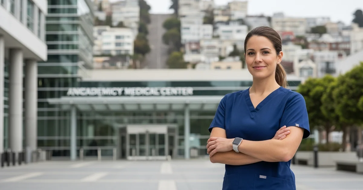 Registered nurse in navy blue scrubs standing outside the UCSF Medical Center in San Francisco with the Parnassus Heights campus visible in the background