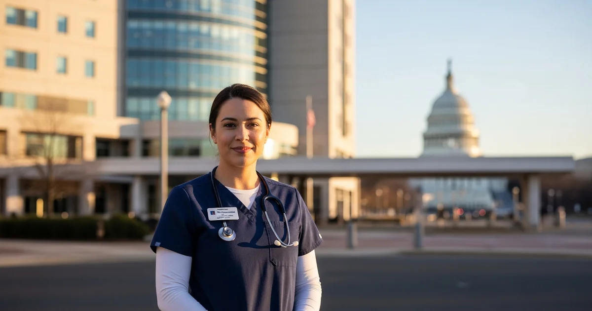 Registered nurse in navy blue scrubs standing outside a major hospital in Washington DC with the Capitol building softly visible in the background